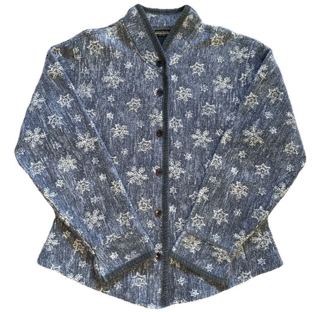 Woolrich Snowflake Cardigan Sweater M Blue Haze Nordic Winter Button Front